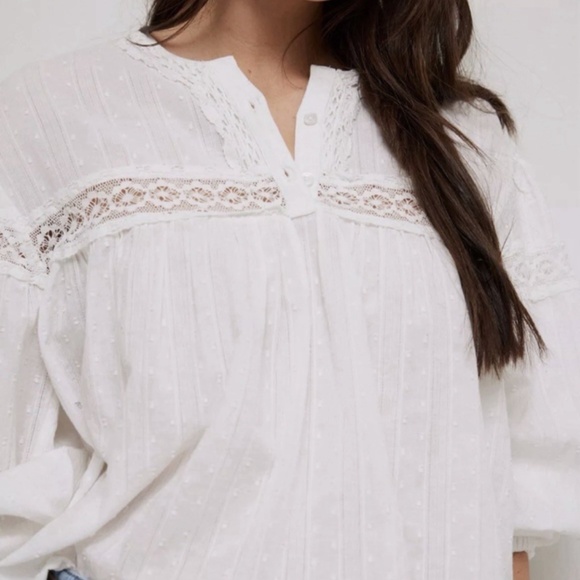 NWOT FREE PEOPLE WOMENS ELLA WHITE DOT BLOUSE BOHO LONG SLEEVE 100% COTTON LARGE - Picture 2 of 7